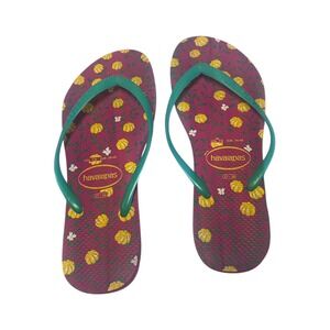 Havaianas Slim Flip Flops Pink Teal Yellow Floral Print Sandals Womens 7/8
